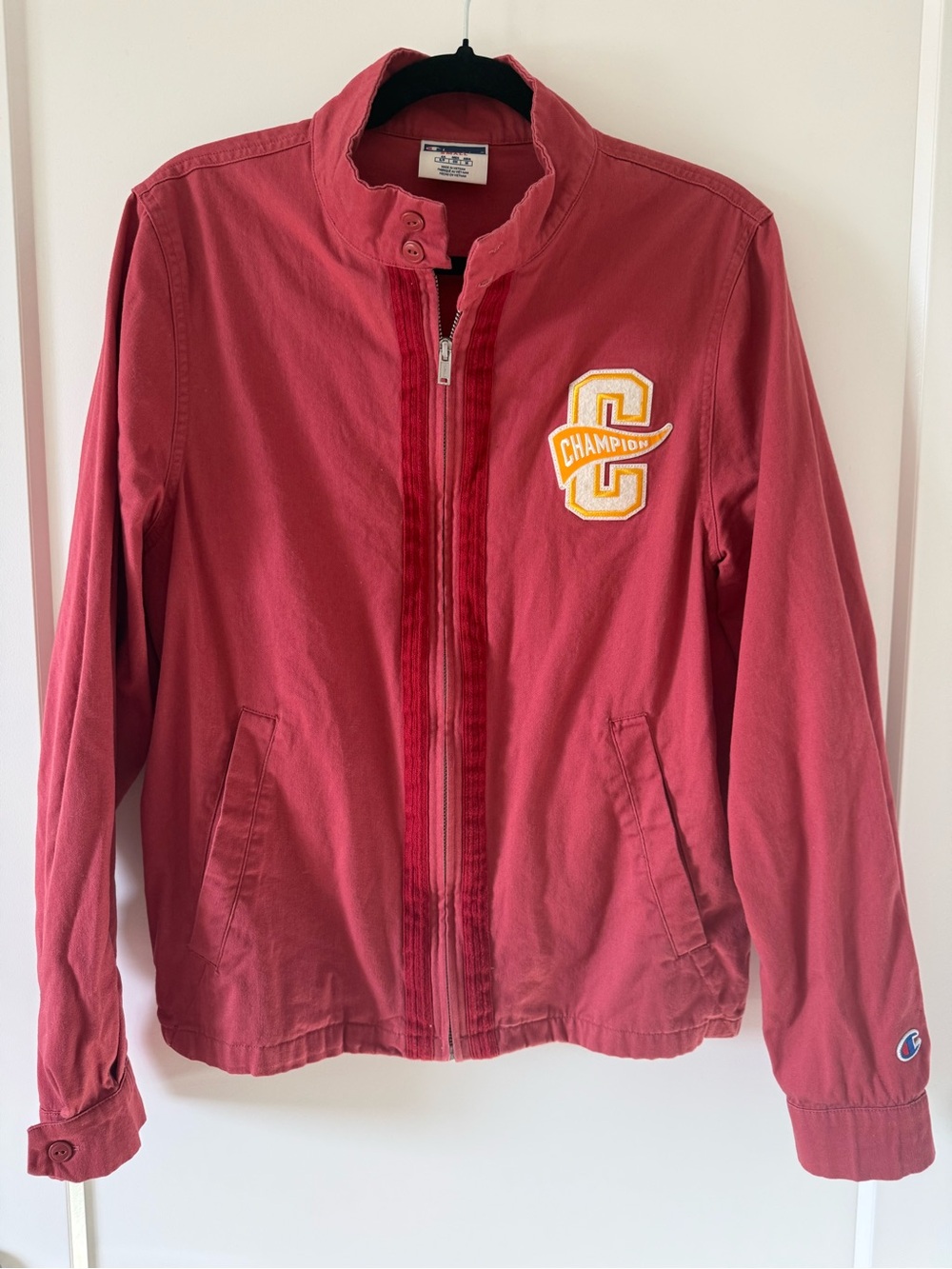 Champion Rose Red Zip Jacket with Yellow Letter Patch